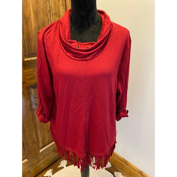 Ruby Rd Pullover Blouse Size XLRed Fringed Top Cowl Neck Plus - Picture 2 of 11